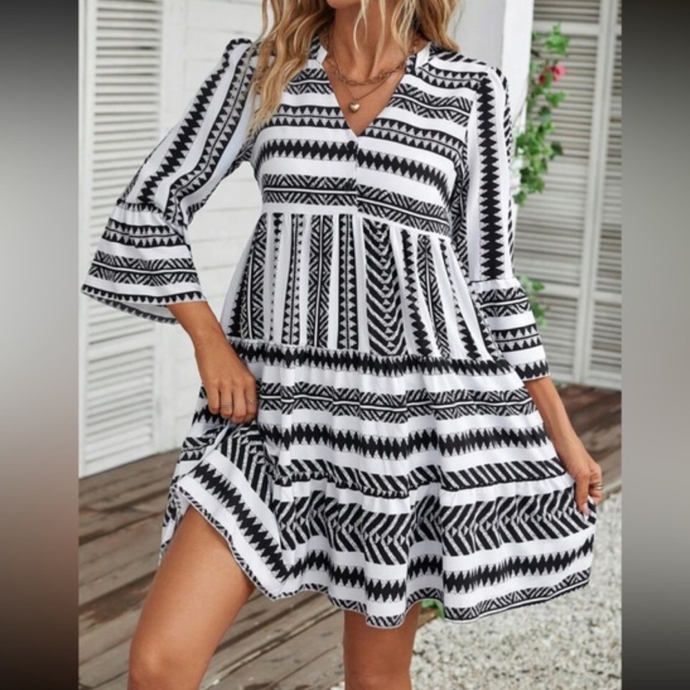 Boho striped notched neck puff sleeve dress